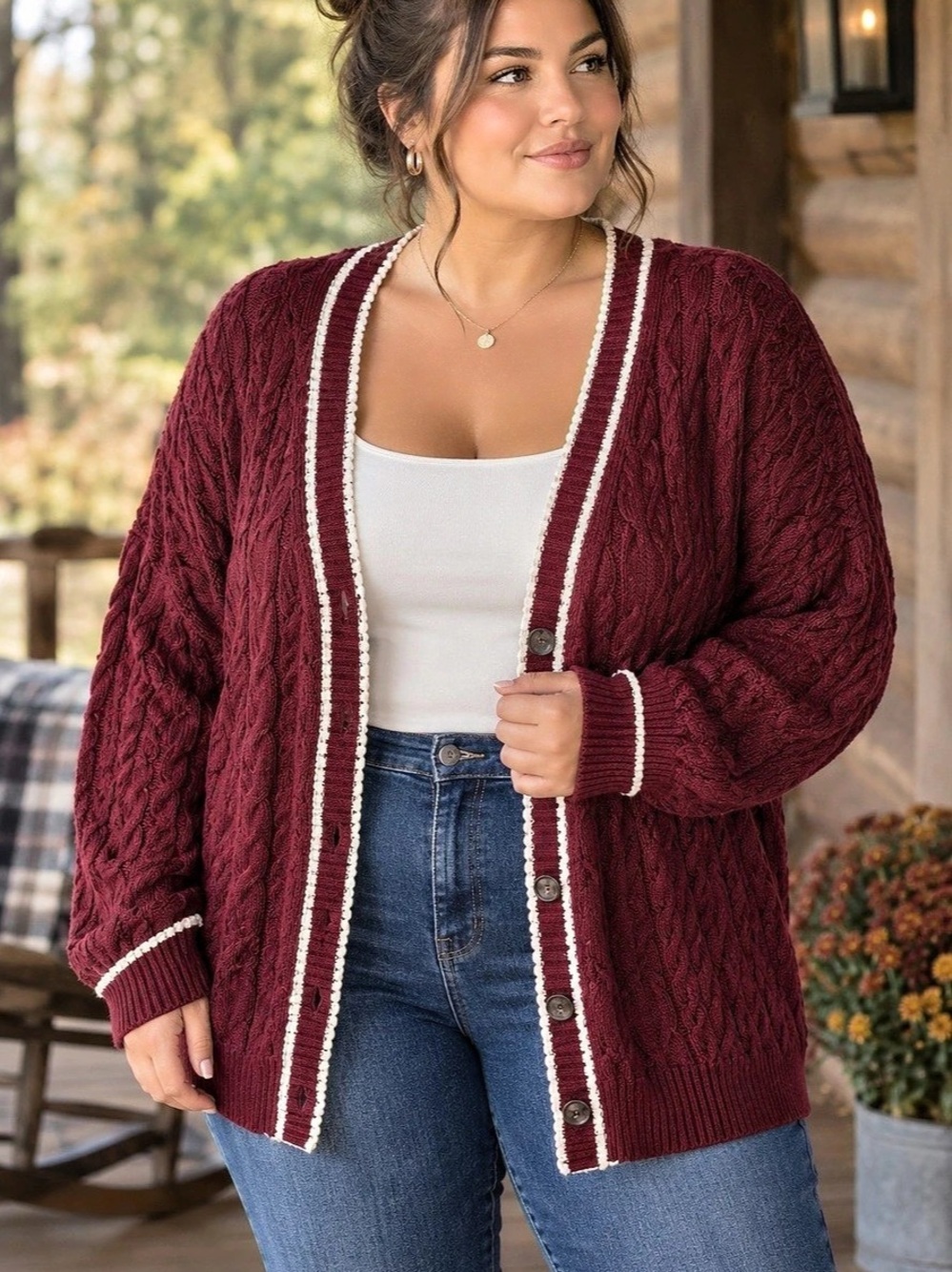 Old Navy Slouchy Cable-Knit Cardigan Sweater Burgundy & White XL Tall Fall Cozy